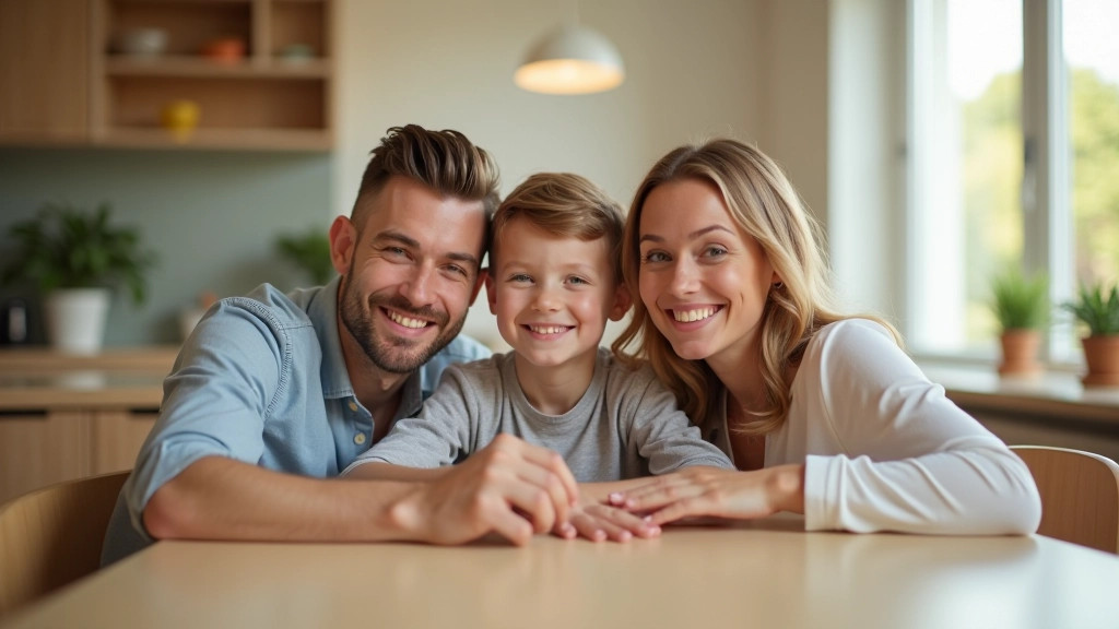 Familie mit zwei Kindern sitzt lachend am Esstisch in hellem, modernem Wohnzimmer mit natürlichem Tageslicht von links