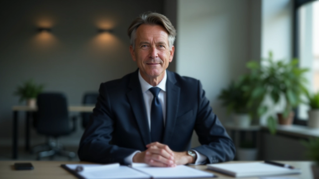 Finanzberater in dunklem Anzug sitzt am Schreibtisch mit Dokumenten, hält einen Stift und blickt auf die Kamera in modernem Büro