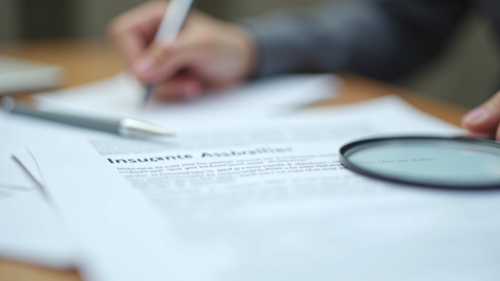 Nahaufnahme einer Versicherungspolice mit Lupe und Notizen, zeigt Detailprüfung von Versicherungsverträgen