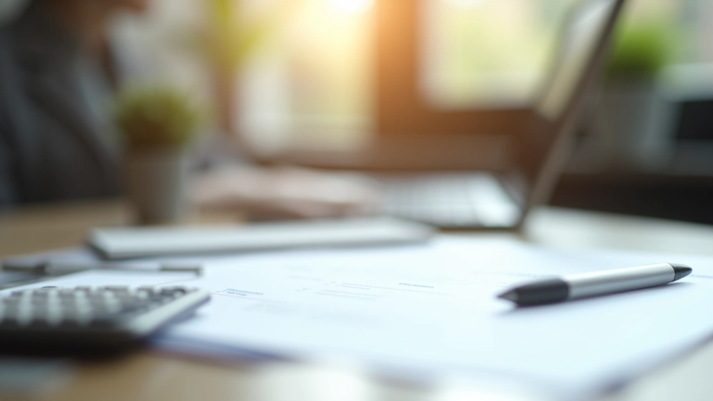 Moderne Büroumgebung mit Versicherungsdokumenten und Laptop auf einem aufgeräumten Schreibtisch