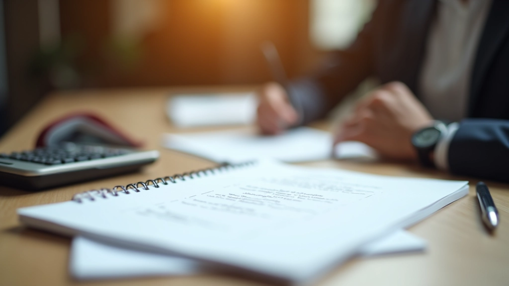 Offenes Notizbuch mit handschriftlichen Notizen, Stift und Taschenrechner auf Holztisch mit gedimmtem Licht