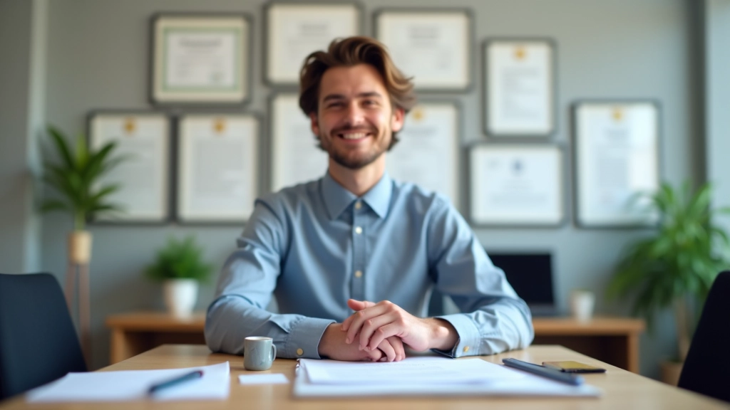 Professionelles Büro eines Fachmanns mit Zertifikaten an der Wand, symbolisiert spezialisierte Berufe und Fachkompetenz