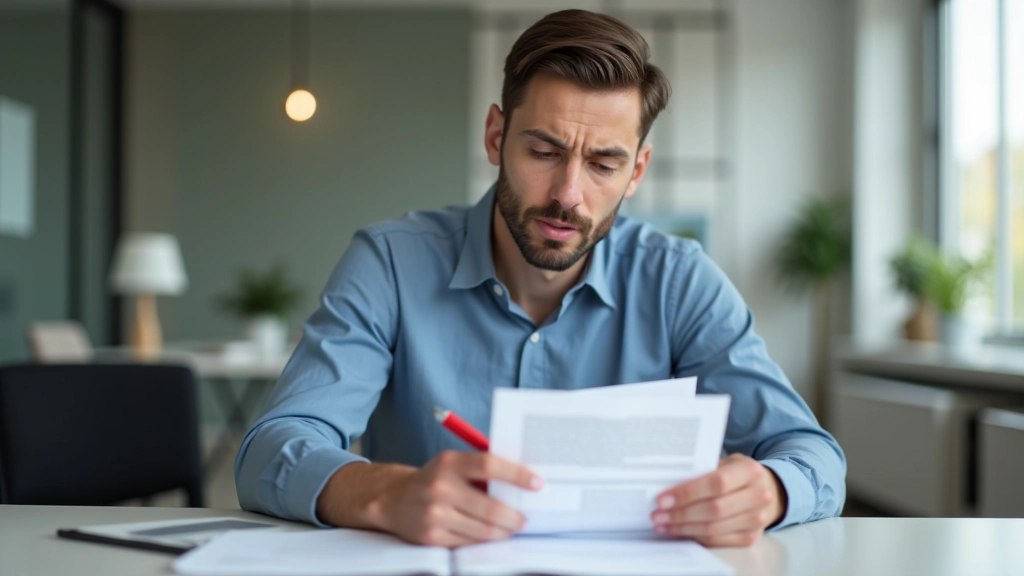 Person schaut besorgt auf Versicherungsformular mit rotem Stift, Fehler markiert, Schreibtisch mit Dokumenten