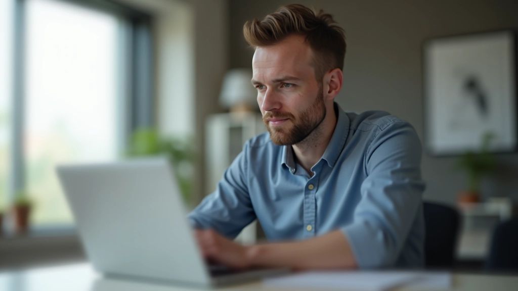 Person schaut nachdenklich auf Laptop-Bildschirm mit Versicherungsinformationen und Dokumenten auf Schreibtisch