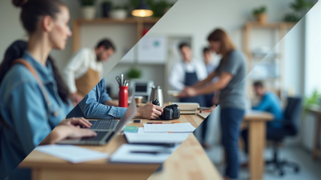 Verschiedene Berufsrollen symbolisiert durch verschiedene Arbeitsplätze und Arbeitsmaterialien nebeneinander