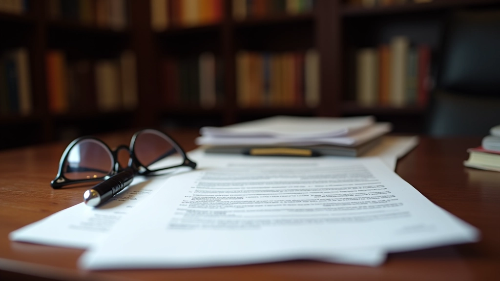 Stapel rechtlicher Versicherungsdokumente mit Anmerkungen, Stift und Leseglas auf Mahagoni-Schreibtisch unter warmer Beleuchtung