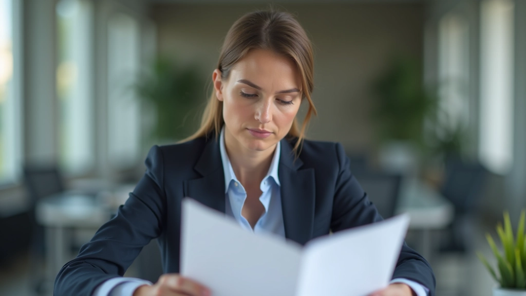 Frau sitzt am Schreibtisch und liest Versicherungsdokumente mit konzentriertem Ausdruck, Brille auf