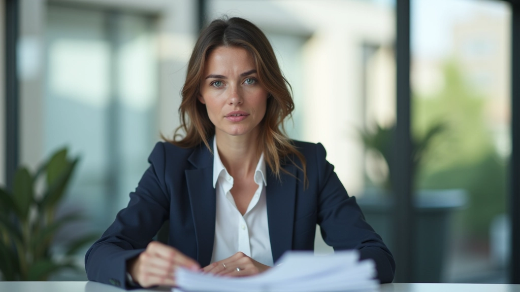 Frau mittleren Alters sitzt am Schreibtisch mit Versicherungsunterlagen, konzentriert, helles Büro, natürliche Beleuchtung